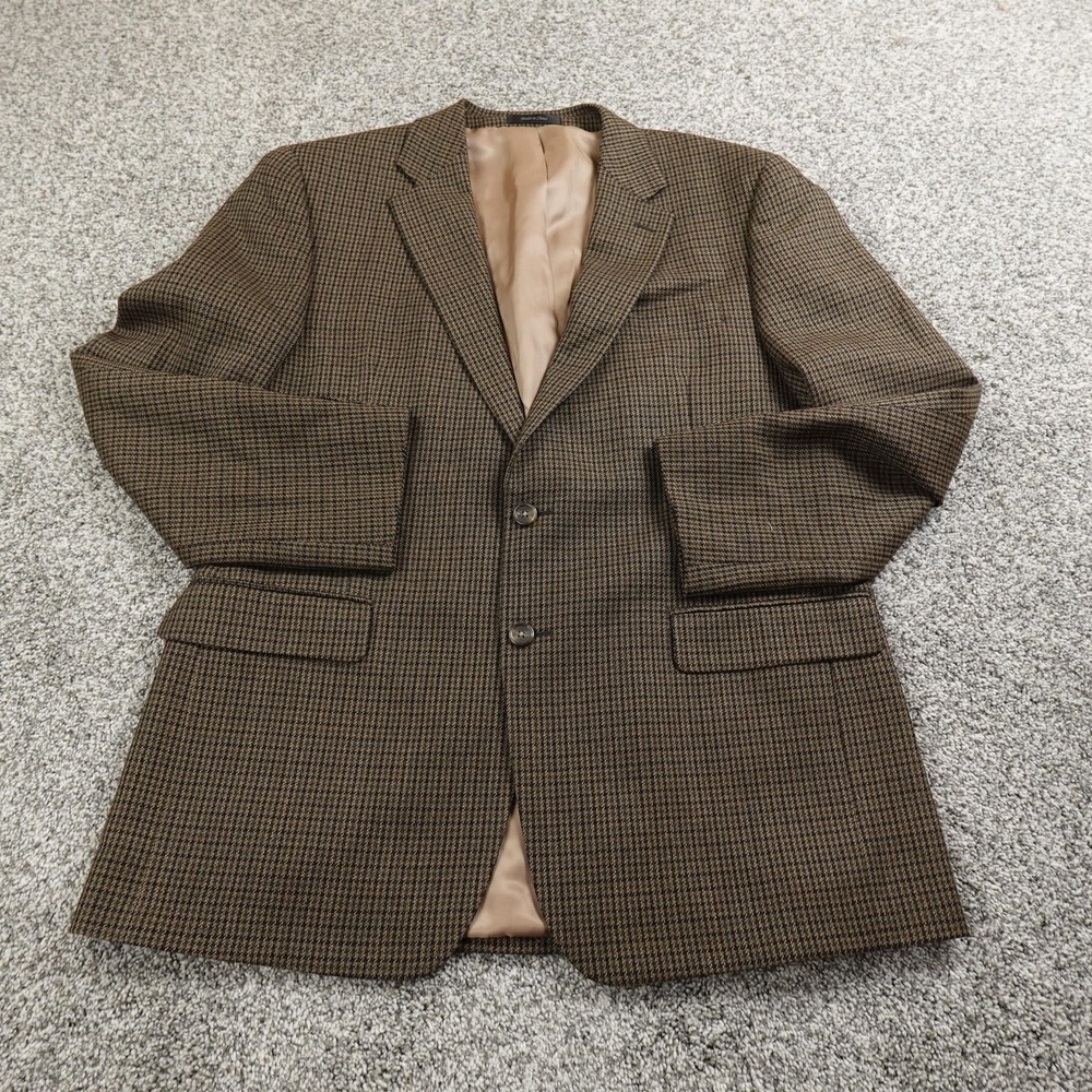 Chaps Blazer Mens 42R Brown Houndstooth Lambswool Sport Coat Button Suit Jacket